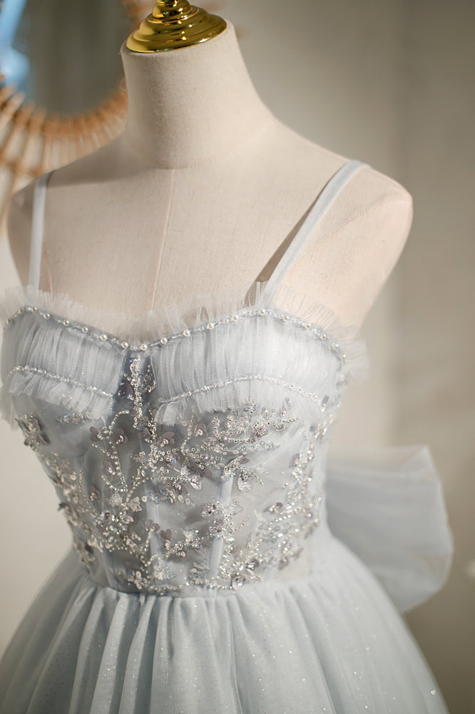 Grey Bow Tie Off-the-Shoulder Ruffle Beaded Homecoming Dress