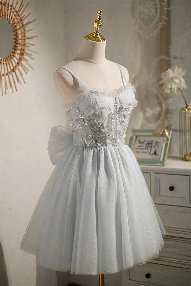 Grey Bow Tie Off-the-Shoulder Ruffle Beaded Homecoming Dress