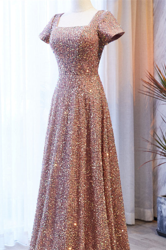 Dusty Pink A-line Square Neck Sleeves Sequins Long Formal Dress
