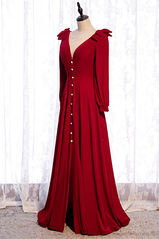 Red V Neck Long Sleeves Lace-Up Back Maxi Formal Dress with Bows