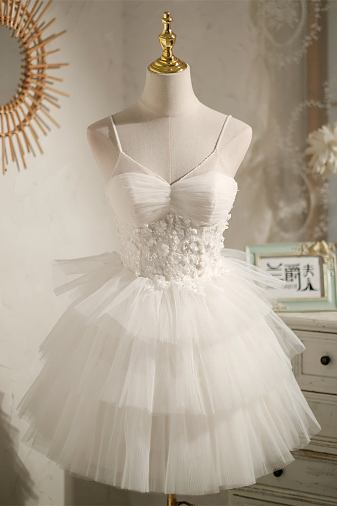 Ivory Straps Pleated Appliques Multi-Layers Homecoming Dress