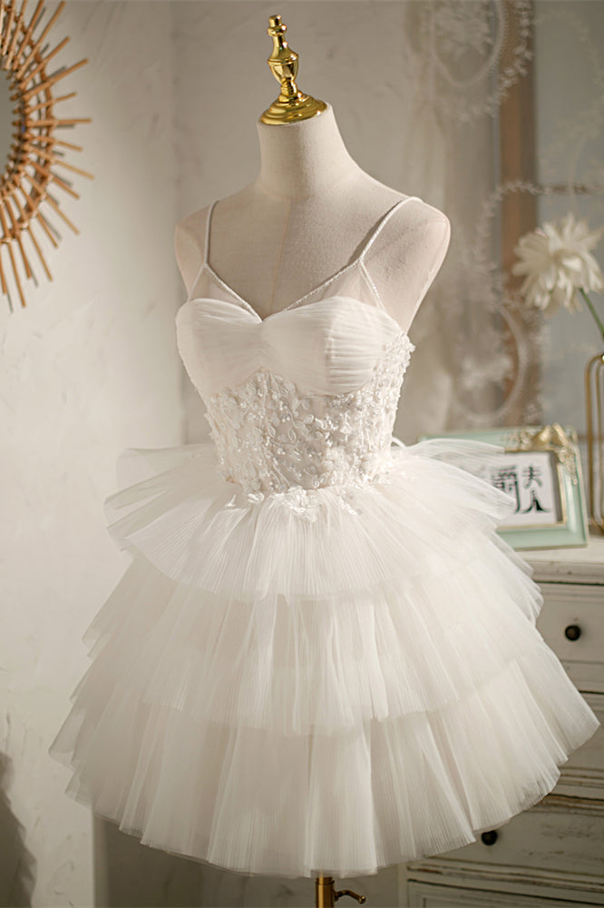 Ivory Straps Pleated Appliques Multi-Layers Homecoming Dress