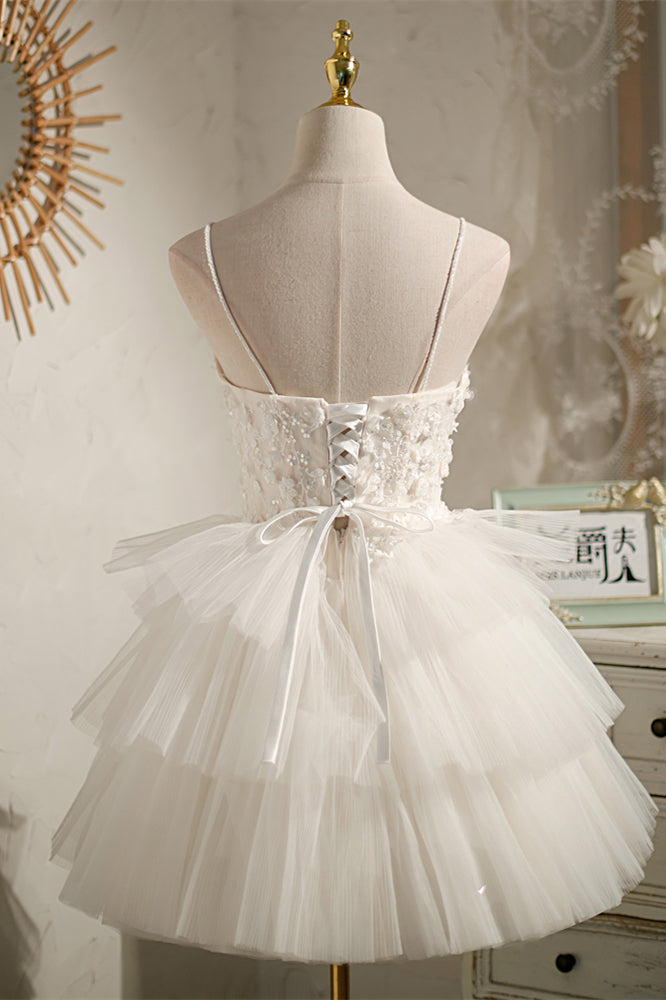Ivory Straps Pleated Appliques Multi-Layers Homecoming Dress
