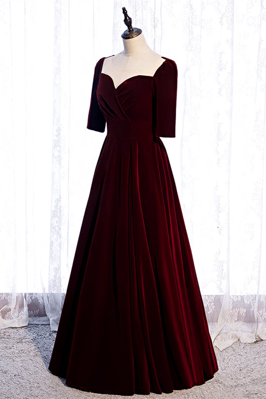 Burgundy Sweetheart Sleeves Pleated Velvet Lace-Up Maxi Formal Dress