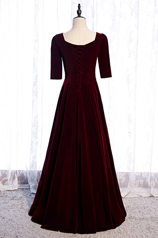 Burgundy Sweetheart Sleeves Pleated Velvet Lace-Up Maxi Formal Dress