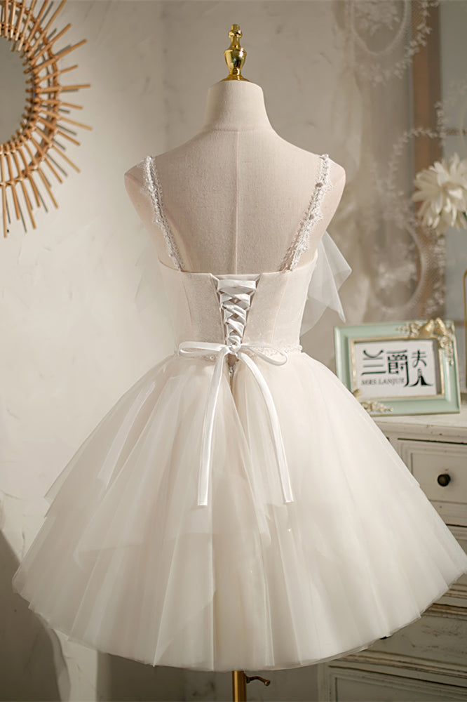Ivory Straps Flaunt Deep V Neck Multi-Layers Beaded Homecoming Dress