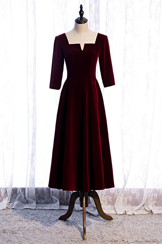 Burgundy Square Neck Sleeves Velvet Bow Tie Back Tea Length Formal Dress