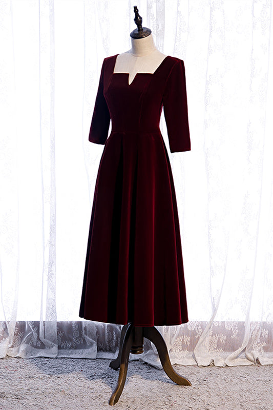 Burgundy Square Neck Sleeves Velvet Bow Tie Back Tea Length Formal Dress