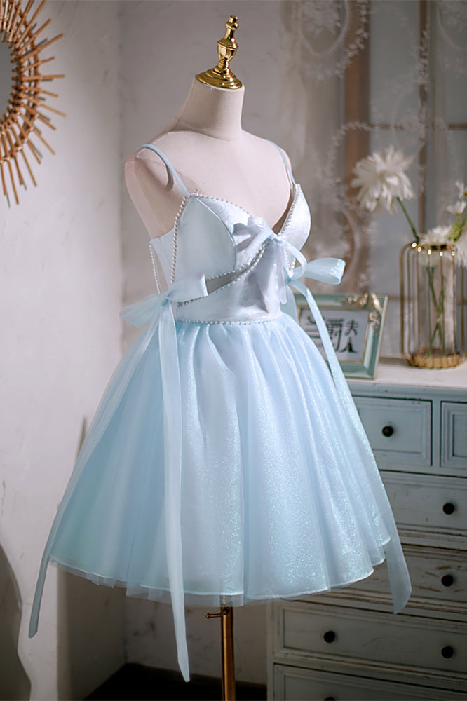 Sky Blue Beaded Cut-Out Bow Tie Straps Homecoming Dress
