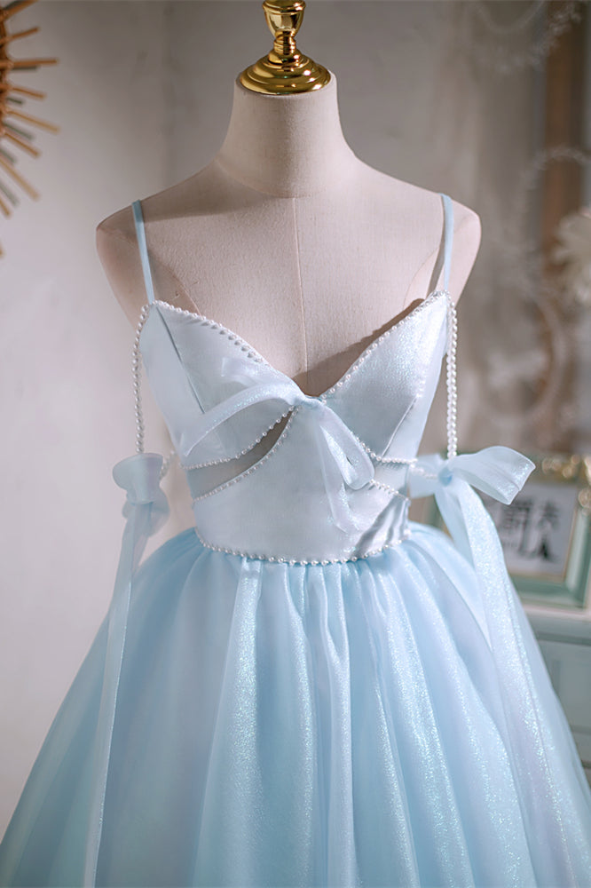 Sky Blue Beaded Cut-Out Bow Tie Straps Homecoming Dress