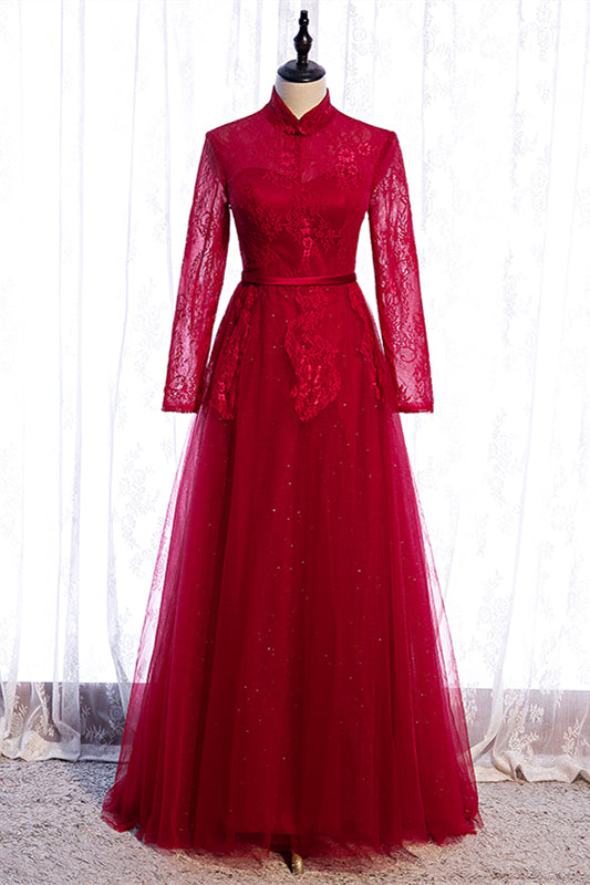 Red High Neck Long Sleeves Lace Appliques Maxi Formal Dress with Sash