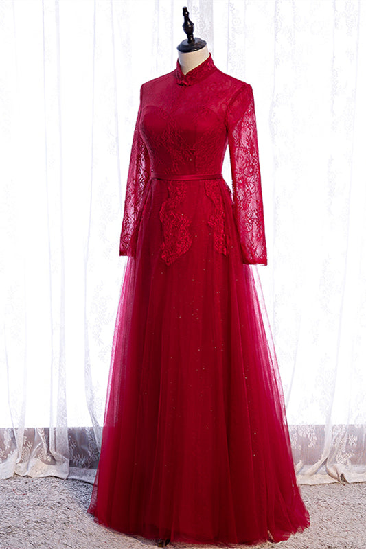 Red High Neck Long Sleeves Lace Appliques Maxi Formal Dress with Sash