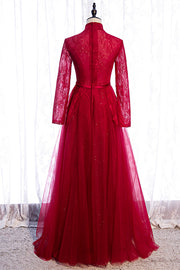 Red High Neck Long Sleeves Lace Appliques Maxi Formal Dress with Sash