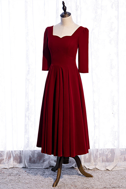 Burgundy A-line Sleeves Square Neck Pleated Tea Length Formal Dress