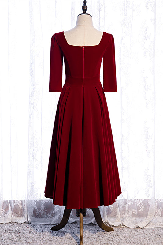 Burgundy A-line Sleeves Square Neck Pleated Tea Length Formal Dress