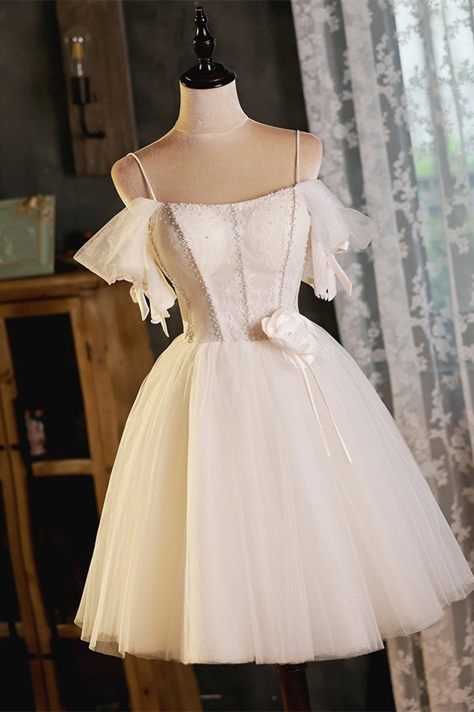Champagne Off-the-Shoulder Straps Applique Beaded Homecoming Dress