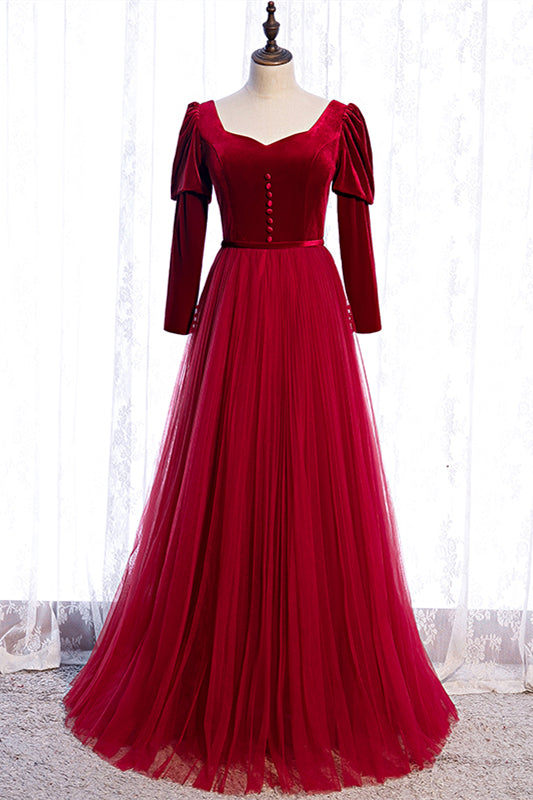 Red A-line Puff Long Sleeves Lace-Up Maxi Formal Dress with Buttons