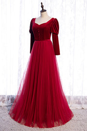 Red A-line Puff Long Sleeves Lace-Up Maxi Formal Dress with Buttons