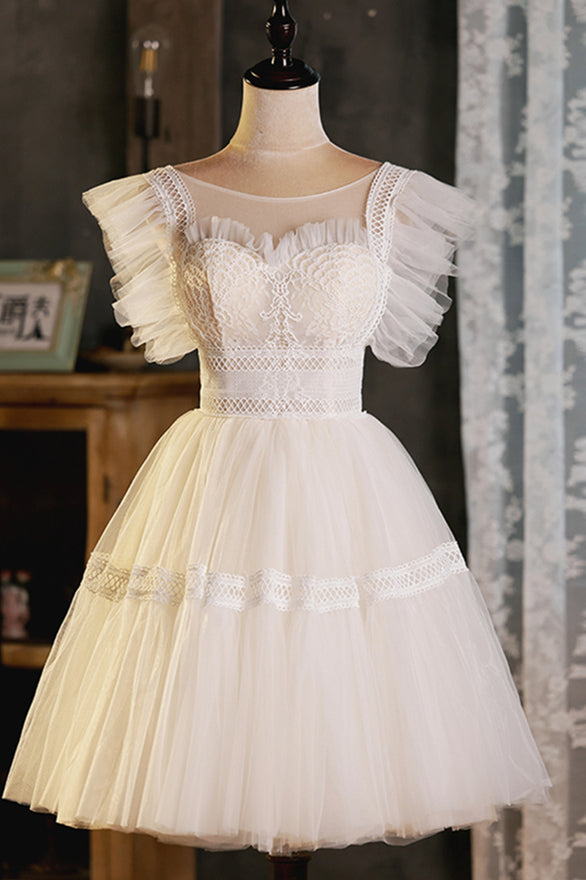 Champagne Flutter Sleeves Lace Ruffles Homecoming Dress