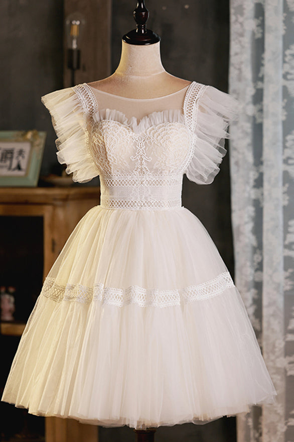 Cute Lace Short A-Line Prom Dress, Champagne Party Dress US 10 / Champagne Cute Lace Short A-Line Prom Dress, Champagne Party Dress US 10 / Champagne