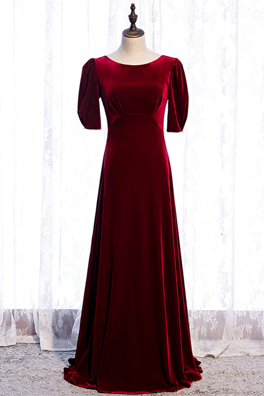 Burgundy Deep V Back Sleeves Scoop Neck Maxi Formal Dress