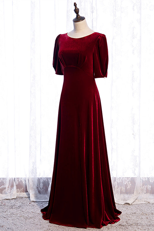 Burgundy Deep V Back Sleeves Scoop Neck Maxi Formal Dress