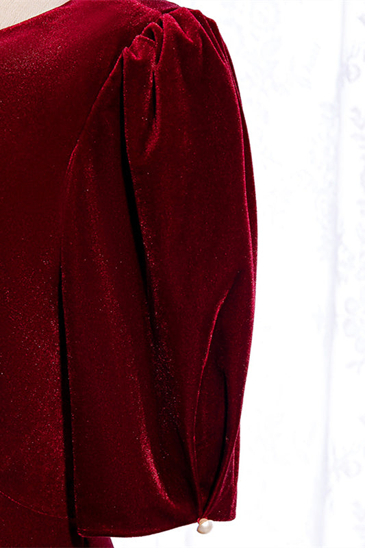 Burgundy Deep V Back Sleeves Scoop Neck Maxi Formal Dress