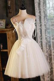 Champagne Bow Tie Straps Ruffles Tulle Homecoming Dress