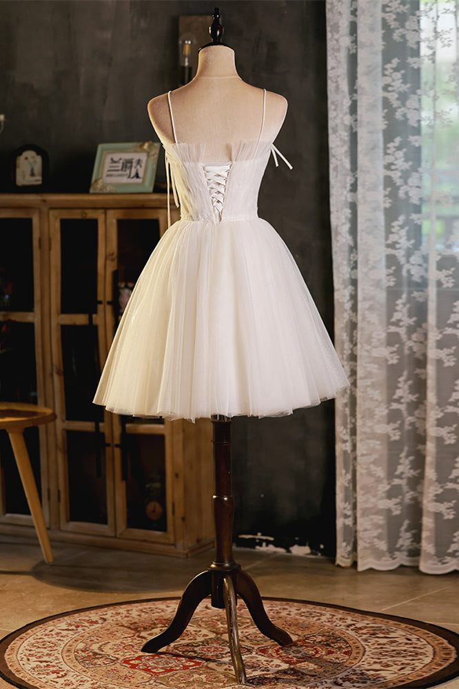 Champagne Bow Tie Straps Ruffles Tulle Homecoming Dress