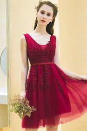 Red Plunging V Neck Beaded Appliques Sleeveless Mini Formal Dress with sash