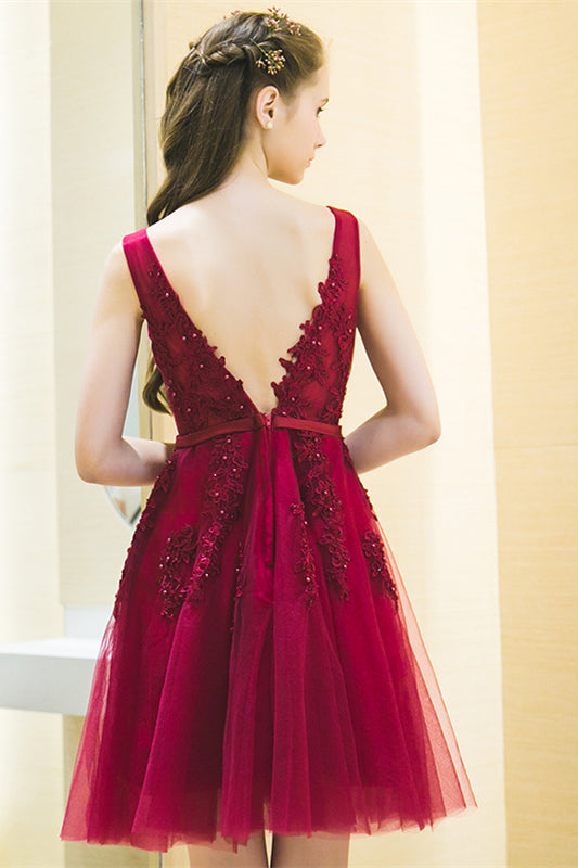 Red Plunging V Neck Beaded Appliques Sleeveless Mini Formal Dress with sash