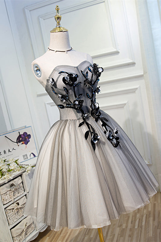Grey Strapless 3D Appliques Tulle Homecoming Dress