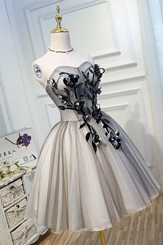 Grey Strapless 3D Appliques Tulle Homecoming Dress | Joyofdress Grey Strapless 3D Appliques Tulle Homecoming Dress | Joyofdress