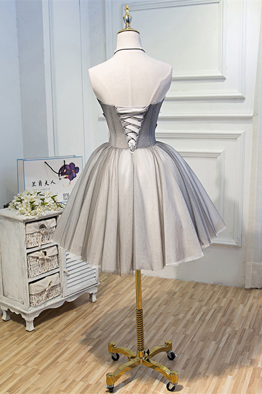 Grey Strapless 3D Appliques Tulle Homecoming Dress