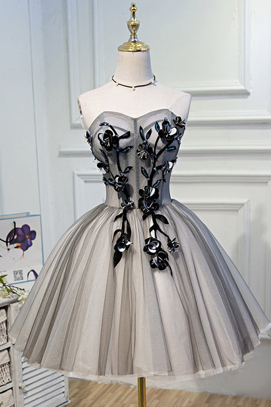 Grey Strapless 3D Appliques Tulle Homecoming Dress | Joyofdress Grey Strapless 3D Appliques Tulle Homecoming Dress | Joyofdress