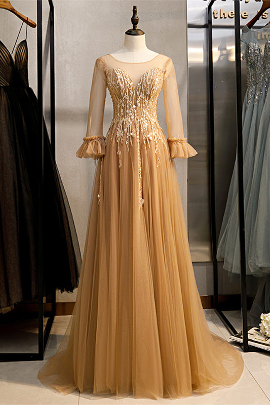 Gold Illusion Neck Long Sleeves Beaded Appliques Maxi Formal Dress