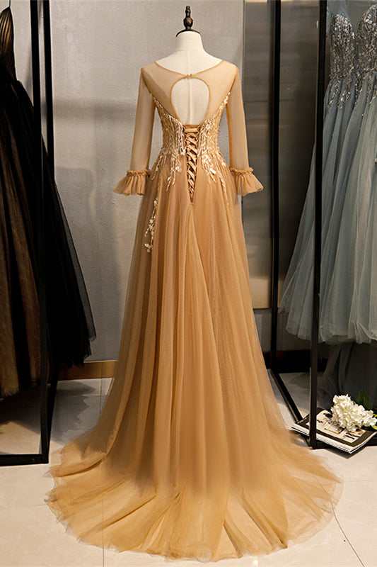 Gold Illusion Neck Long Sleeves Beaded Appliques Maxi Formal Dress