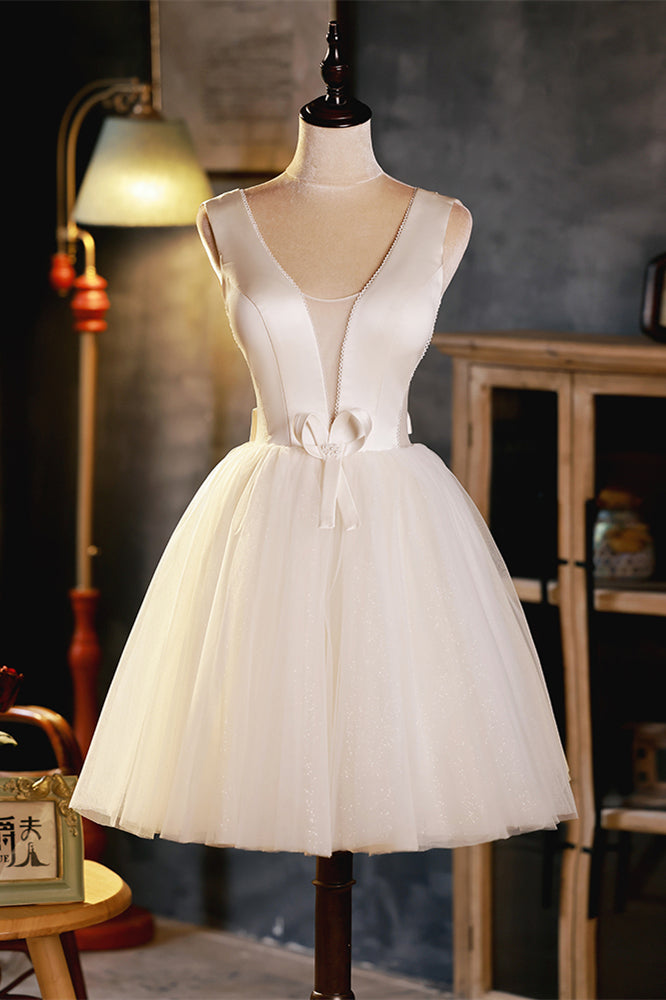 Ivory Plunging V Bow Tie Straps Homecoming Dress