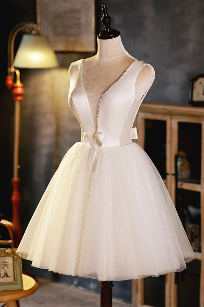 Ivory Plunging V Bow Tie Straps Homecoming Dress