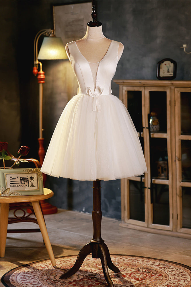 Ivory Plunging V Bow Tie Straps Homecoming Dress