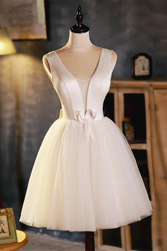 Ivory Plunging V Bow Tie Straps Homecoming Dress