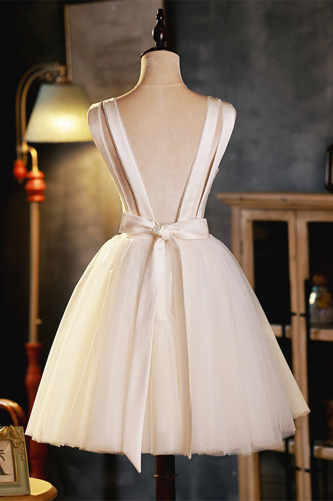 Ivory Plunging V Bow Tie Straps Homecoming Dress