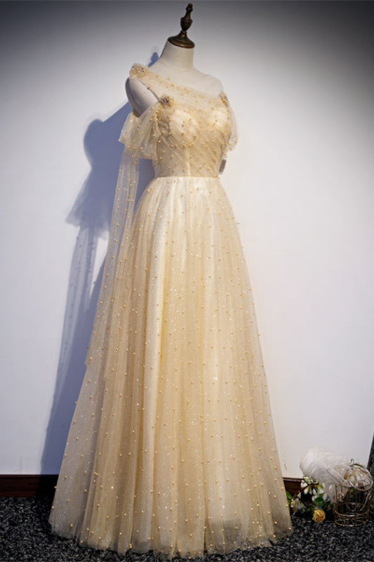 Light Yellow A-line Off-the-Shoulder Pearl Beaded Appliques Long Formal Dress