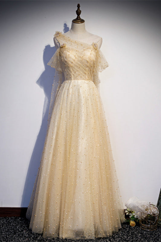 Light Yellow A-line Off-the-Shoulder Pearl Beaded Appliques Long Formal Dress