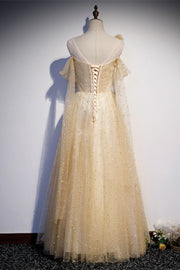Light Yellow A-line Off-the-Shoulder Pearl Beaded Appliques Long Formal Dress
