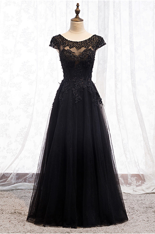 Black Illusion Scoop Neck Cap Sleeves Beaded Appliques Maxi Formal Dress