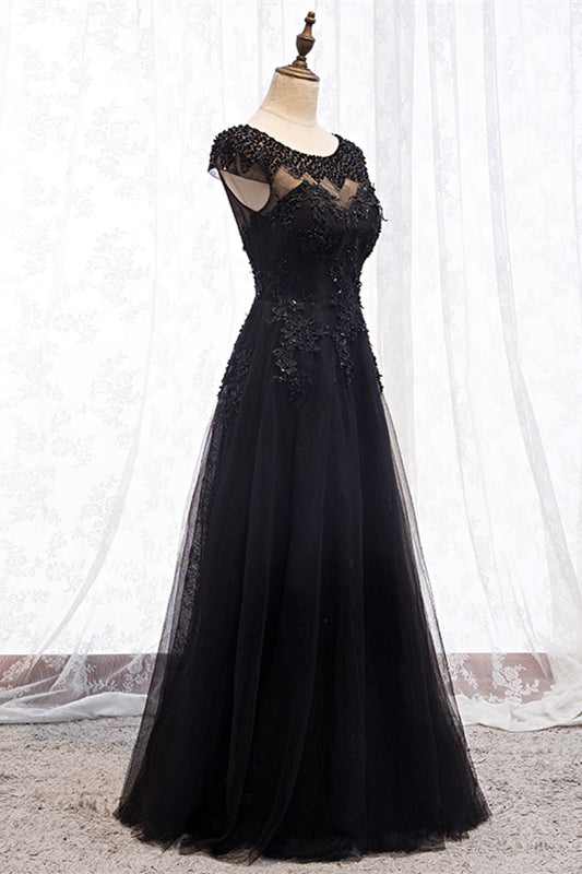 Black Illusion Scoop Neck Cap Sleeves Beaded Appliques Maxi Formal Dress