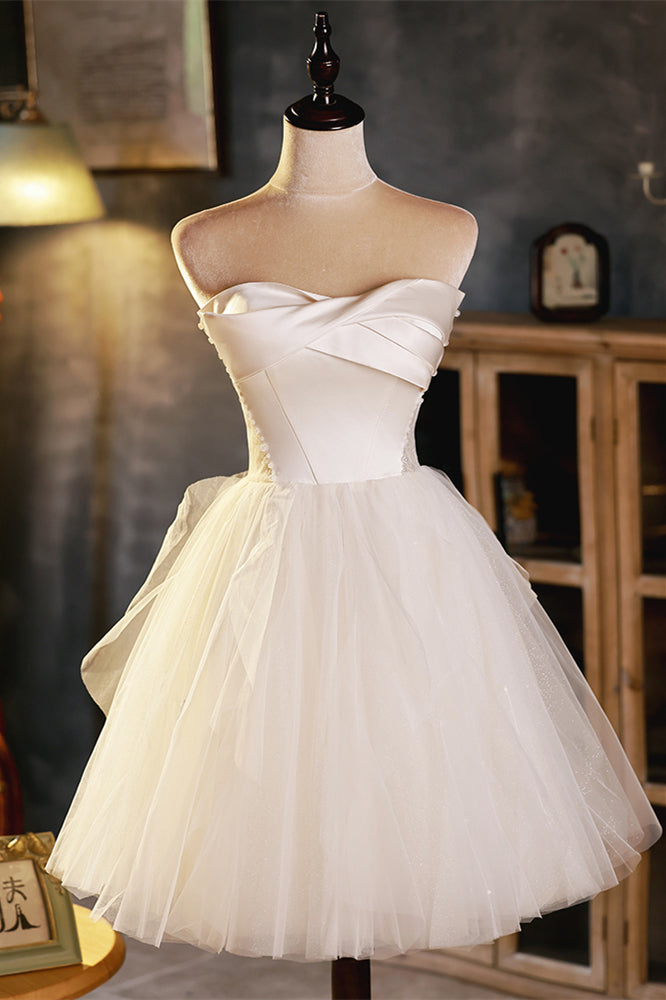 Ivory Twisted Strapless Ruffles Lace Beaded Homecoming Dress