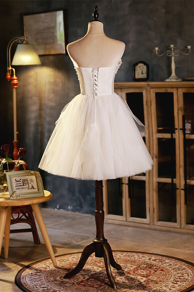 Ivory Twisted Strapless Ruffles Lace Beaded Homecoming Dress