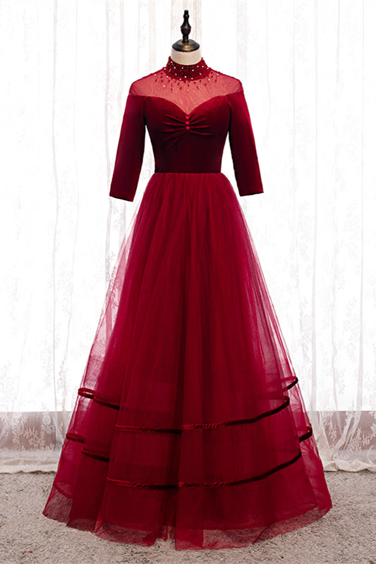 Red Beaded Illusion High Neck Sleeves Pleated Maxi Formal Dress with Buttons